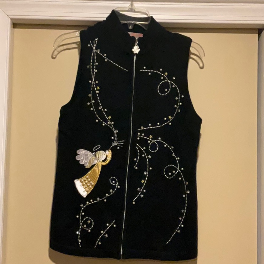 EUC NOUVEAUX black, silver and gold Christmas angel Embroidered zip up v…
